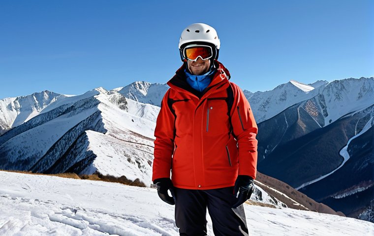 A professional mountain safety team member, fully clothed in warm, modest winter safety gear and helmet, standing amidst the majestic snowy peaks of the Andorran Pyrenees. The scene captures an expansive view of a mountain valley with visible anti-avalanche defenses in the background, under a clear winter sky. The subject is in a natural, professional pose, looking towards the distant slopes. Perfect anatomy, correct proportions, well-formed hands, proper finger count, natural body proportions. Professional photography, high detail, realistic, safe for work, appropriate content, family-friendly.