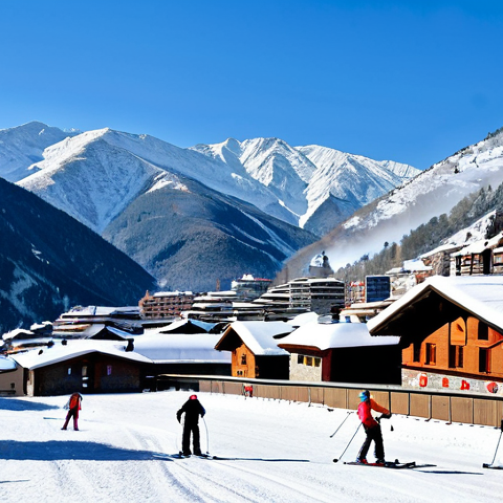 Winter in Andorra**

"A picturesque winter scene in Andorra, featuring snow-covered mountains and a ski resort. People are enjoying skiing and snowboarding, fully clothed in winter sports attire. A cozy village is nestled in the valley below, with smoke rising from chimneys. The scene is bright and cheerful, with a clear blue sky. safe for work, appropriate content, fully clothed, professional photography, perfect anatomy, natural proportions, family-friendly."

**