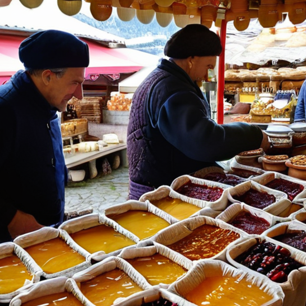 안도라의 기념품 추천 - "A vibrant, bustling Andorran market scene, teeming with activity and local charm. In the foreground...