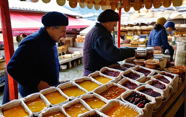 안도라의 기념품 추천 - "A vibrant, bustling Andorran market scene, teeming with activity and local charm. In the foreground...