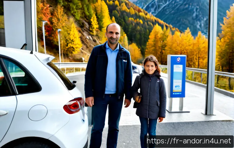 Home 17 안도라 입국 절차 - Photorealistic view of a French-speaking family arriving at a small mountain border checkpoint betwe...